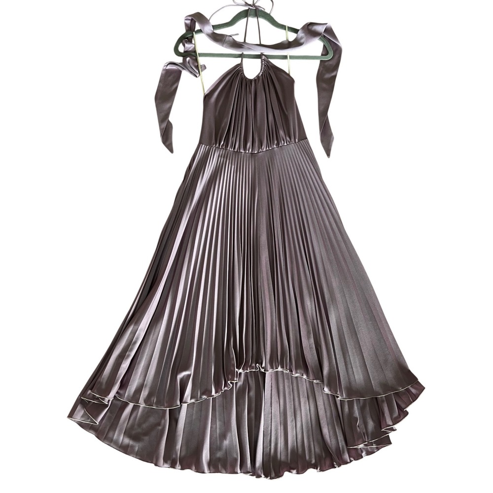 Vintage Funky Mauve Purple Satin Pleated Halter High-Low Maxi Dress Disco Glam